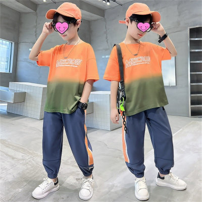 Boys' short-sleeved suit new style medium and large children's summer letter embossed gradient two-piece set children's summer clothing