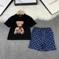 Traje de verano para niños, traje de 2 piezas con dibujos animados de oso a la moda  Negro