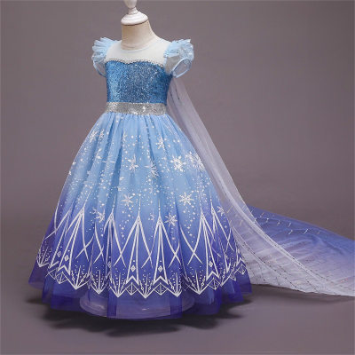 Frozen Elsa Princess Dress Printed Sequin Mesh Dress Girls Short Sleeve Large Skirt