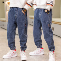 Children's clothing boys' back pocket letter jeans middle and large children's trousers children's pants  Blue