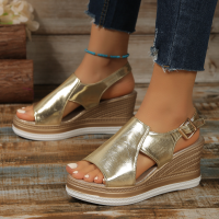 Summer fashion European and American sandals with buckle straps, platform wedge heels and thick bottom beach sandals  Gold-color