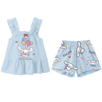 Cute and sweet little girl printed suspender bow pajamas  Blue