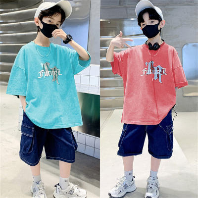 Two-piece solid color casual T-shirt set for middle and large children