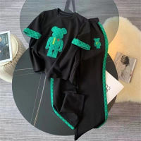 Casual sports suit for women, fashionable and stylish, street-ageing, short-sleeved, round-neck, wide-leg pants, two-piece suit  Black