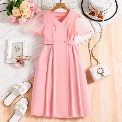 Summer new solid color single-breasted long skirt pink dress waist casual high-end