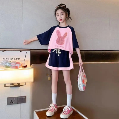 Meninas verão shorts de manga curta ternos esportivos para crianças médias e grandes estilo de verão moda crianças estilo coreano roupas casuais de verão