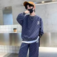 Boys autumn sports suits for middle and older children, stylish and handsome round-neck sweatshirts and sweatpants, Korean style two-piece suits  Navy Blue