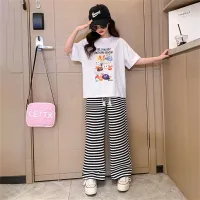 Girls' short-sleeved suit, Korean version, medium and large children's fashionable casual sports wide-leg pants two-piece set  White