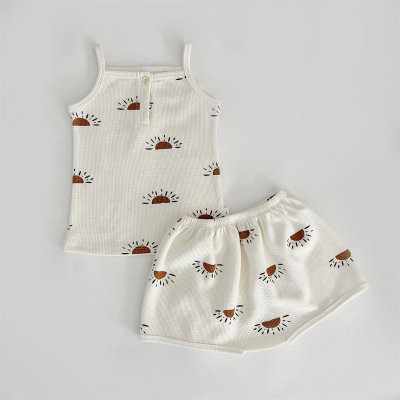 Children's home clothes summer new baby suspender pajamas printed set Nordic waffle baby clothes
