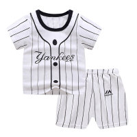 Children's short-sleeved suit pure cotton summer new boys and girls short-sleeved shorts small children's two-piece suit baby clothes  black and white stripes