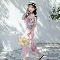 Girls chiffon dress mid-length beach dress for small to large children with off-shoulder floral print dress  Pink
