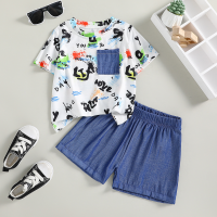 Boys' suit cartoon colorful mixed dyed print short-sleeved shorts two-piece suit  White