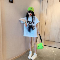 Vestido de camiseta de verano para niños y niñas, estilo coreano, top holgado de manga corta con dibujos animados de longitud media  Blanco