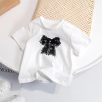 2024 new summer short-sleeved candy color fashionable simple bow short-sleeved sweet T-shirt for children  White