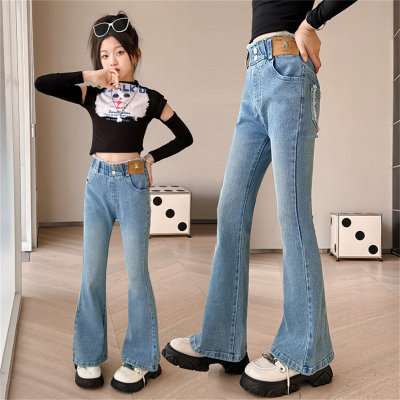 Jeans largos para meninas, roupas infantis simples, elegantes e casuais