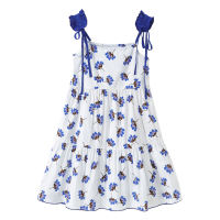 Girls suspender dress sleeveless vest dress thin skirt stylish big girl floral dress cotton  Light Blue