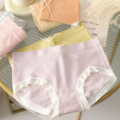 Bowknot girl Japanese style colored cotton underwear ladies care pants seamless mid-waist breathable sweet high elastic briefs for women