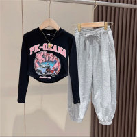Conjunto de dos piezas de pantalones de chándal, camisa de manga larga, fina y dulce, a la moda, para niñas, medianas y grandes  gris