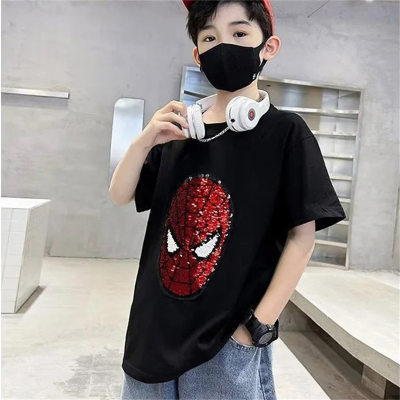 Camiseta de manga corta para niños, top de algodón puro con estampado cambiable de lentejuelas de verano para niños Spiderman