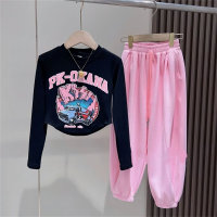 Conjunto de dos piezas de pantalones de chándal, camisa de manga larga, fina y dulce, a la moda, para niñas, medianas y grandes  Rosado