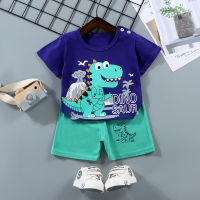 Children's short-sleeved suits pure cotton boys T-shirts baby summer children's clothing girls shorts baby clothes summer clothes wholesale  Deep Blue