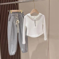 Girls sports zipper sweatshirt trousers autumn clothes net celebrity middle and big children two-piece suit  Gray