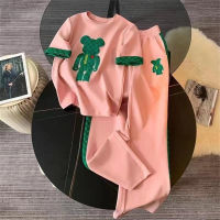 Casual sports suit for women, fashionable and stylish, street-ageing, short-sleeved, round-neck, wide-leg pants, two-piece suit  Pink