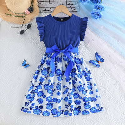 Summer girls new flower print stitching solid color ribbed ruffle cuff dress + belt two-piece set
