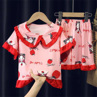 Pijamas para niñas de verano de manga corta, conjunto de ropa para el hogar con dibujos animados para niñas, niños medianos y grandes  rojo