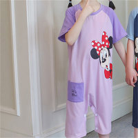 Pijamas de una pieza de verano de algodón puro con dibujos animados, colcha transpirable antipatadas, ropa de hogar para niños  Rosado