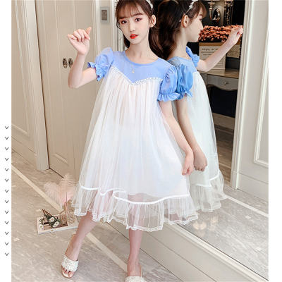 Sweet style mesh short-sleeved dress for middle and large children