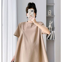 Summer short-sleeved maternity suit, fashionable, age-reducing, belly-covering T-shirt top, trendy mom outing two-piece suit  Khaki