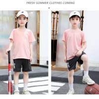 Summer children's short-sleeved suit T-shirt boys and girls sportswear thin quick-drying clothes medium and large children's shorts two-piece suit  Pink