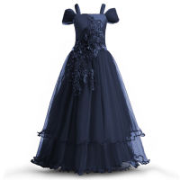 Heroine Prom Dress, Big Children's Embroidered Mesh Princess Dress, Girls' Piano Performance Costume  Navy Blue