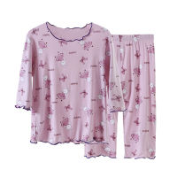 Ice silk pajamas for middle and large children, girls' home clothes suits, casual summer thin air-conditioning clothes, printed loose two-piece suits  Purple