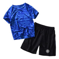 ملابس الأطفال البدلة الصبي السميكة قميص رياضي الصيف بالإضافة إلى الدهون الموسع فضفاضة التجفيف السريع قصيرة الأكمام قطعتين مجموعة  أزرق