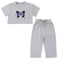 Internet celebrity baby girl summer new stylish casual suit children's Korean version of fashionable butterfly top trousers two-piece suit  Gray