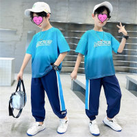 Boys' short-sleeved suit new style medium and large children's summer letter embossed gradient two-piece set children's summer clothing  Blue