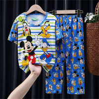 Novos pijamas infantis para meninos e meninas verão calças finas de manga curta para meninos crianças verão casa com ar condicionado  Azul