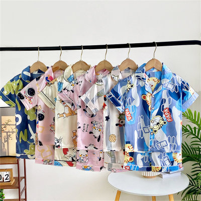 Pijamas de verano para niños, pijamas finos de dibujos animados de seda de imitación para el hogar
