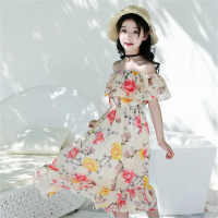Girls chiffon dress mid-length beach dress for small to large children with off-shoulder floral print dress  Yellow