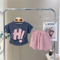 Meninas terno 2023 novo verão casual impresso terno de manga curta shorts moda roupas infantis terno de duas peças na moda  Rosa