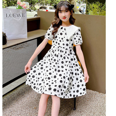 Girls summer short-sleeved polka dot dress fashionable and stylish children's summer medium and large children's summer princess skirt