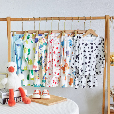 Kinderhauskleidung Frühling und Sommer langärmeliger Pyjama aus isländischer Baumwolle für Jungen und Mädchen, neue klimatisierte Kleidung für Babys mittlerer und großer Kinder