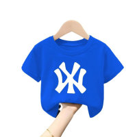 Boys and girls short-sleeved T-shirts 2024 summer children's middle and large children's summer tops fashionable round neck handsome children's clothing  Blue