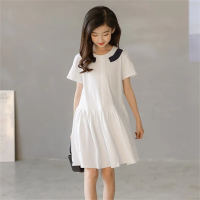 Vestido de camiseta de manga corta para niñas de algodón puro, vestido informal de longitud media de estilo coreano de color sólido nuevo de verano para niños de mediana edad y mayores  Blanco