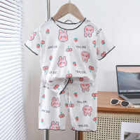 Girls home clothes lace suit baby ice silk small floral summer clothes children's short-sleeved three-quarter pants pajamas air-conditioned clothes  White