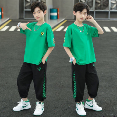 New style suit short sleeves and long pants for middle and large children boys handsome trendy summer casual two-piece suit