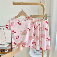 Children's ice silk short-sleeved suit summer boys' home clothes cropped pants girls' thin pajamas children's air-conditioning clothes  Pink