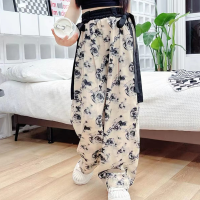 Girls summer pants 2023 new fashionable ice silk wide-leg pants for girls and older children summer thin anti-mosquito pants  Multicolor